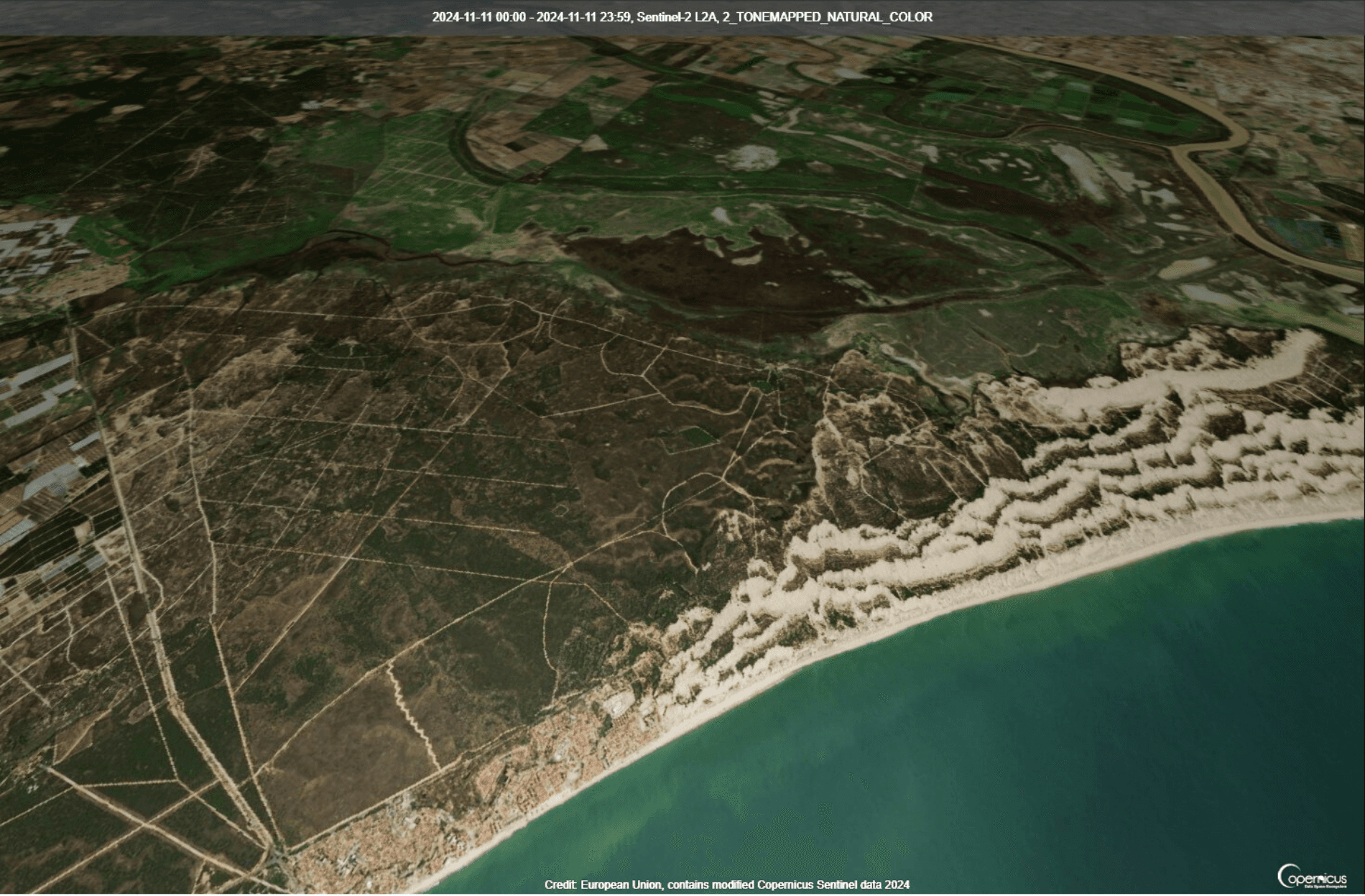 Satellite image of Doñana National Park showcasing biodiversity 