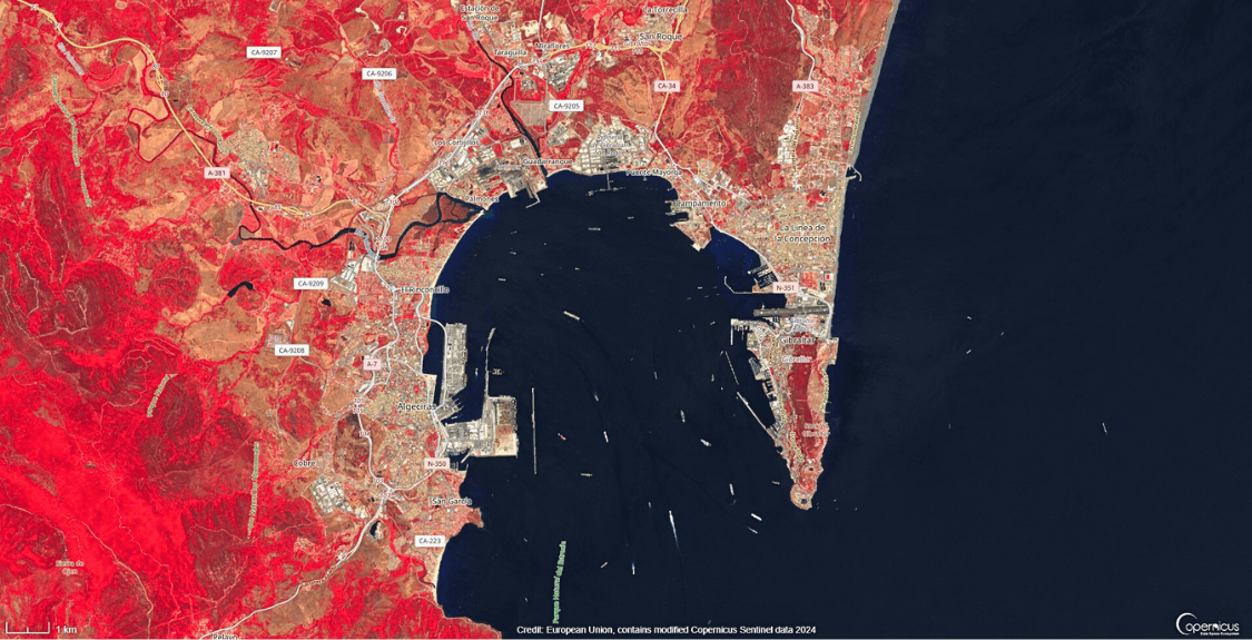 Satellite image of Gibraltar coastline illustrating vessels